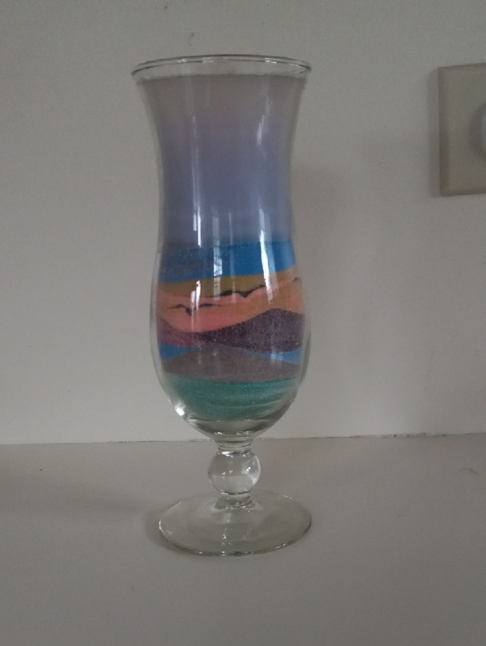 Handmade Layered Sand Art Hurricane Vase - Blue, Pink, Teal Candle